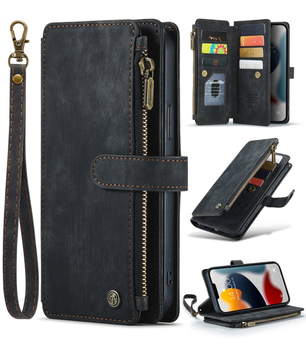 CaseMe-C30 PU + TPU Estuche de cuero con tapa horizontal multifuncional con soporte y ranura para tarjeta y billetera y bolsillo con cremallera, For iPhone 13 Pro Max, For iPhone 13 Pro, For iPhone 13, For iPhone 13 mini