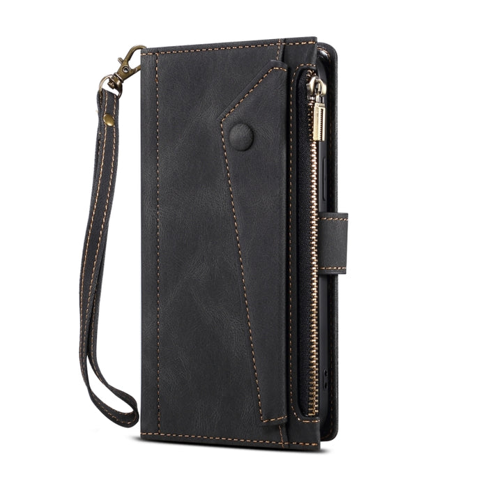 Estuche de cuero con tapa horizontal esmerilada retro con soporte y ranura para tarjeta y billetera y bolsillo con cremallera y cordón