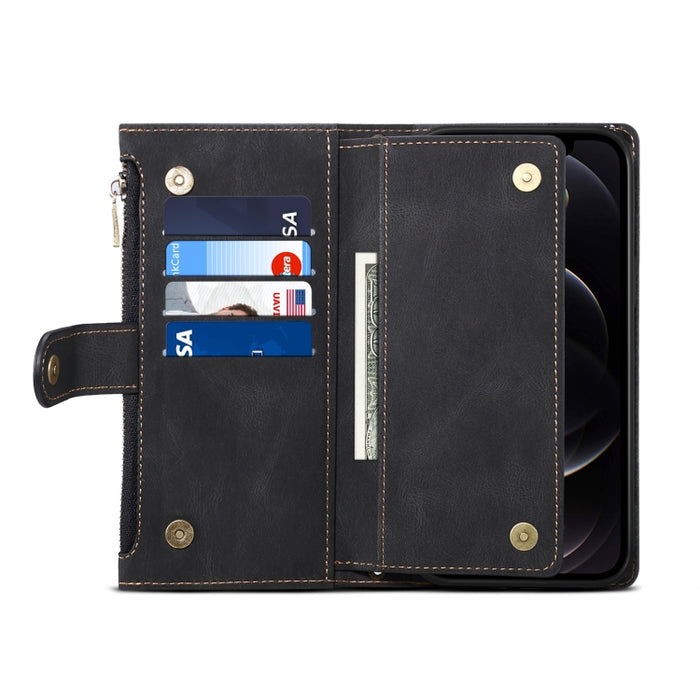 Estuche de cuero con tapa horizontal esmerilada retro con soporte y ranura para tarjeta y billetera y bolsillo con cremallera y cordón