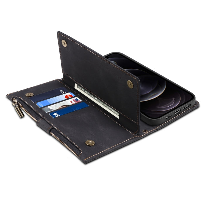 Estuche de cuero con tapa horizontal esmerilada retro con soporte y ranura para tarjeta y billetera y bolsillo con cremallera y cordón