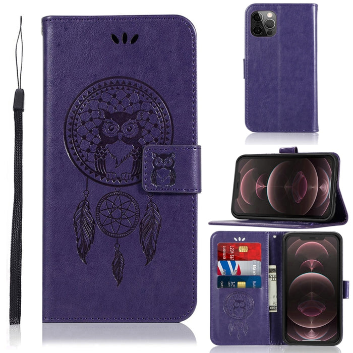 Wind Chime Owl Patrón en relieve Funda de cuero con tapa horizontal con soporte y ranuras para tarjetas y billetera