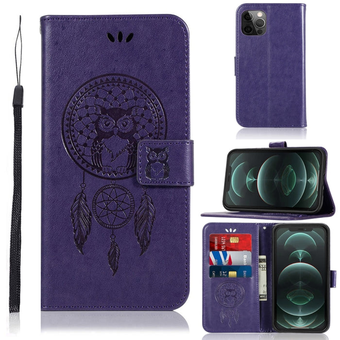 Wind Chime Owl Patrón en relieve Funda de cuero con tapa horizontal con soporte y ranuras para tarjetas y billetera