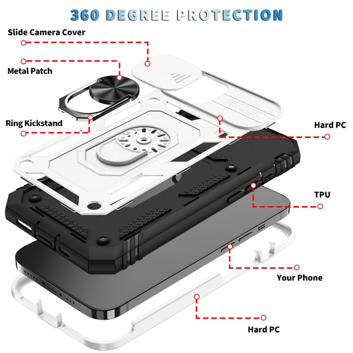 Diseño de cubierta de cámara deslizante Funda protectora de TPU + PC con soporte giratorio de 360 grados y ranura para tarjeta