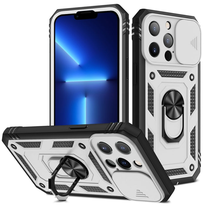 Diseño de cubierta de cámara deslizante Funda protectora de TPU + PC con soporte giratorio de 360 grados y ranura para tarjeta