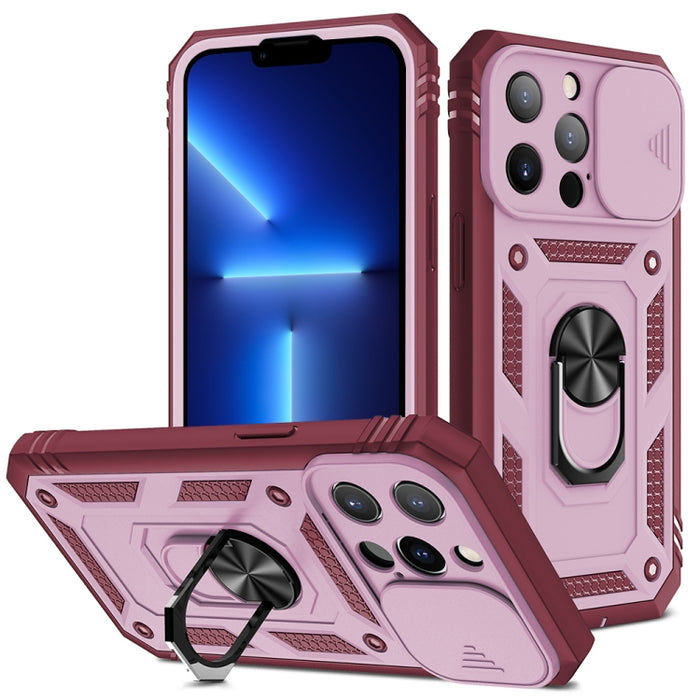 Diseño de cubierta de cámara deslizante Funda protectora de TPU + PC con soporte giratorio de 360 grados y ranura para tarjeta