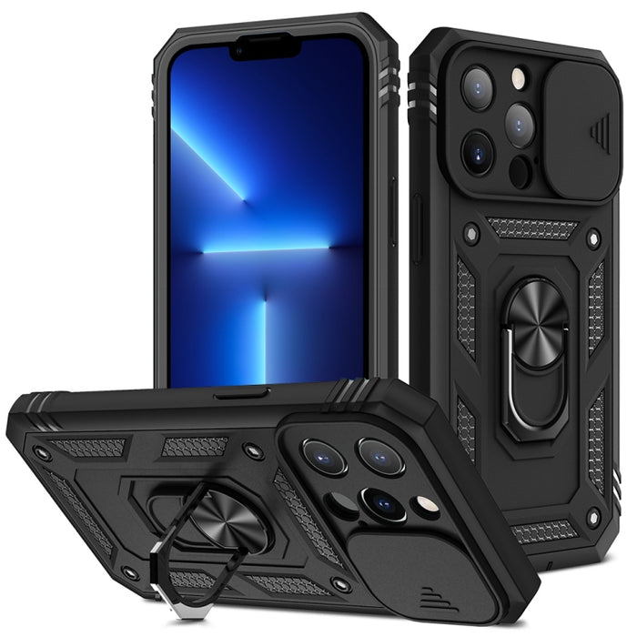Diseño de cubierta de cámara deslizante Funda protectora de TPU + PC con soporte giratorio de 360 grados y ranura para tarjeta