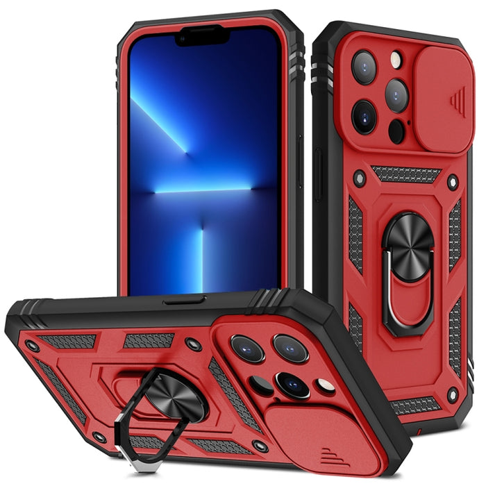 Diseño de cubierta de cámara deslizante Funda protectora de TPU + PC con soporte giratorio de 360 grados y ranura para tarjeta