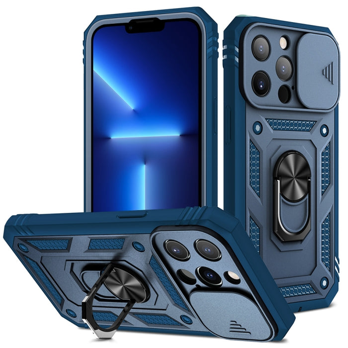 Diseño de cubierta de cámara deslizante Funda protectora de TPU + PC con soporte giratorio de 360 grados y ranura para tarjeta