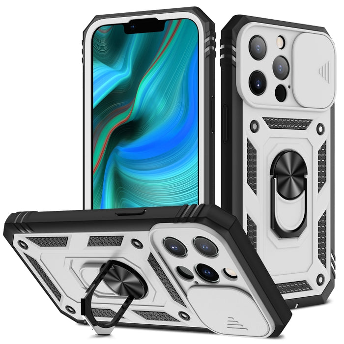 Diseño de cubierta de cámara deslizante Funda protectora de TPU + PC con soporte giratorio de 360 grados y ranura para tarjeta