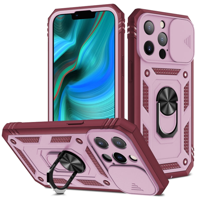 Diseño de cubierta de cámara deslizante Funda protectora de TPU + PC con soporte giratorio de 360 grados y ranura para tarjeta