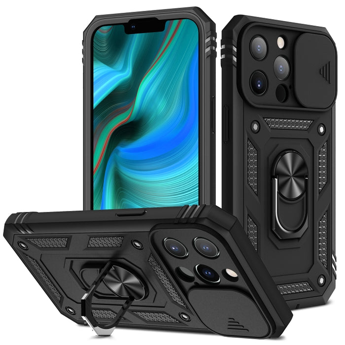 Diseño de cubierta de cámara deslizante Funda protectora de TPU + PC con soporte giratorio de 360 grados y ranura para tarjeta