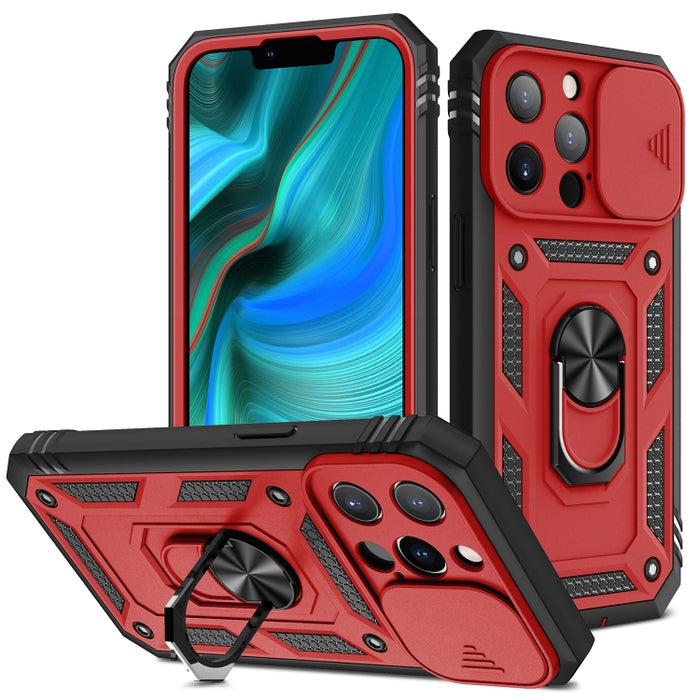 Diseño de cubierta de cámara deslizante Funda protectora de TPU + PC con soporte giratorio de 360 grados y ranura para tarjeta
