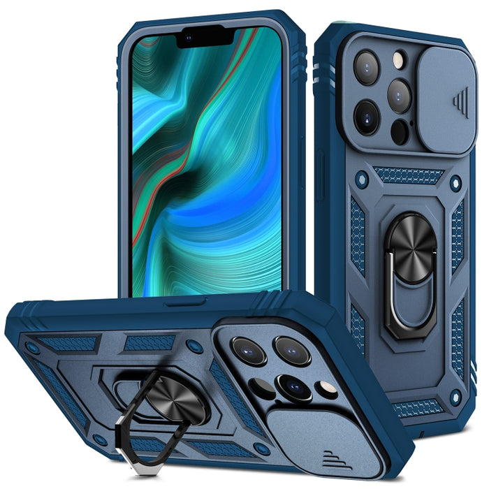 Diseño de cubierta de cámara deslizante Funda protectora de TPU + PC con soporte giratorio de 360 grados y ranura para tarjeta