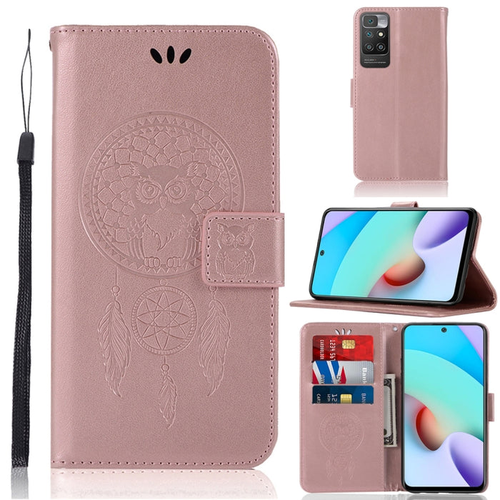 Wind Chime Owl Patrón en relieve Funda de cuero con tapa horizontal con soporte y ranuras para tarjetas y billetera, For Xiaomi Redmi 10