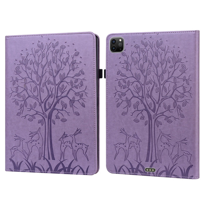 Estuche de cuero de PU con tapa horizontal con estampado estampado de árboles y ciervos con soporte y ranuras para tarjetas y función de suspensión / activación