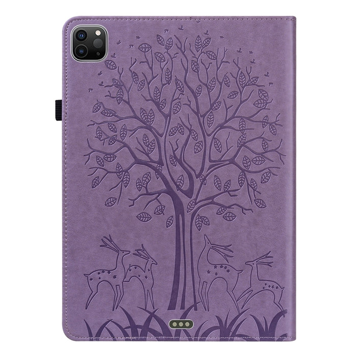 Estuche de cuero de PU con tapa horizontal con estampado estampado de árboles y ciervos con soporte y ranuras para tarjetas y función de suspensión / activación