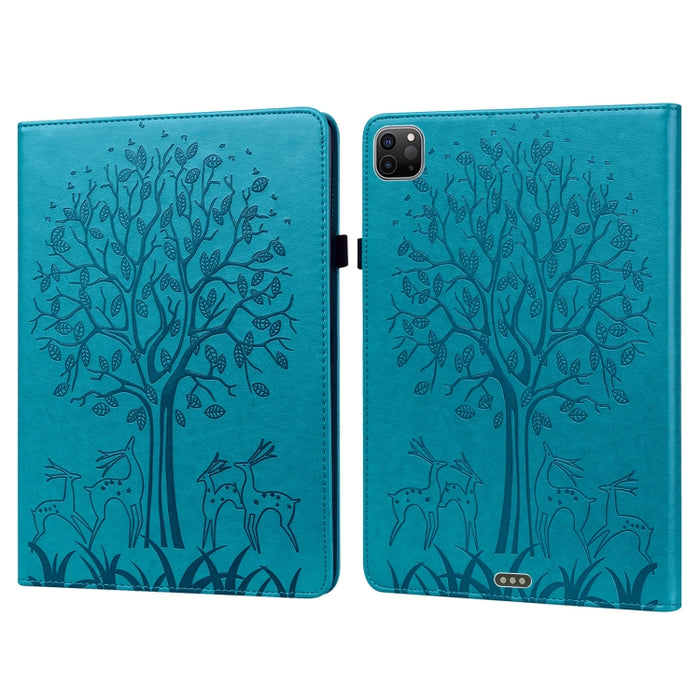 Estuche de cuero de PU con tapa horizontal con estampado estampado de árboles y ciervos con soporte y ranuras para tarjetas y función de suspensión / activación