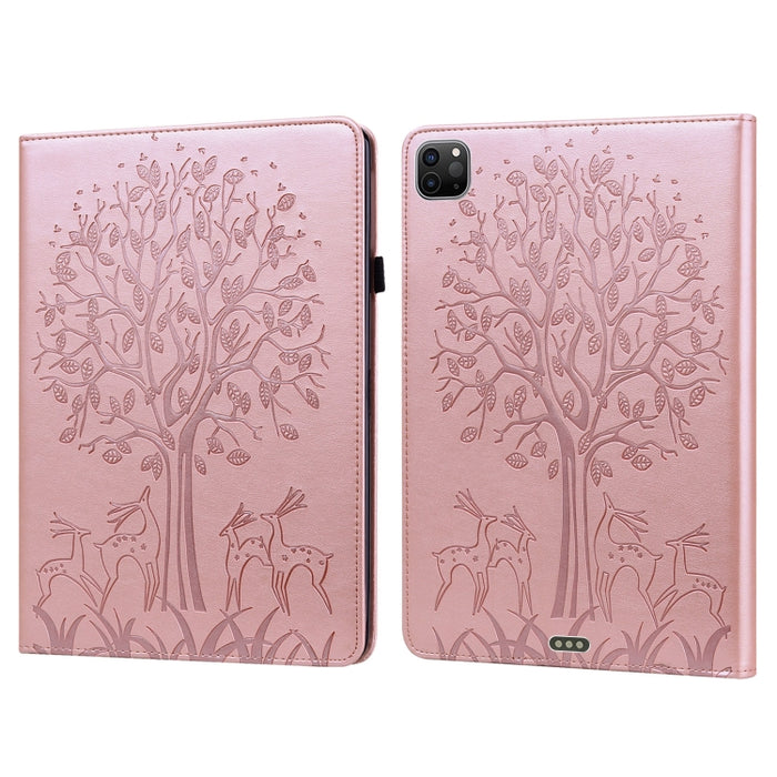 Estuche de cuero de PU con tapa horizontal con estampado estampado de árboles y ciervos con soporte y ranuras para tarjetas y función de suspensión / activación
