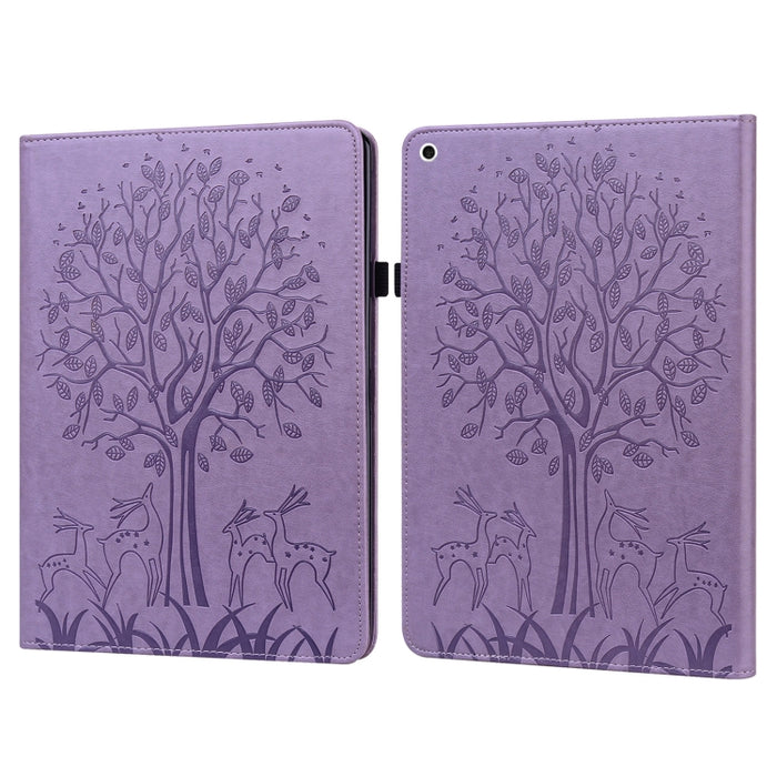 Estuche de cuero de PU con tapa horizontal con estampado estampado de árboles y ciervos con soporte y ranuras para tarjetas y función de suspensión / activación