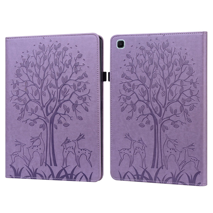 Estuche de cuero de PU con tapa horizontal con estampado estampado de árboles y ciervos con soporte y ranuras para tarjetas y función de suspensión / activación
