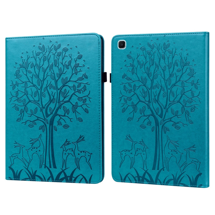 Estuche de cuero de PU con tapa horizontal con estampado estampado de árboles y ciervos con soporte y ranuras para tarjetas y función de suspensión / activación
