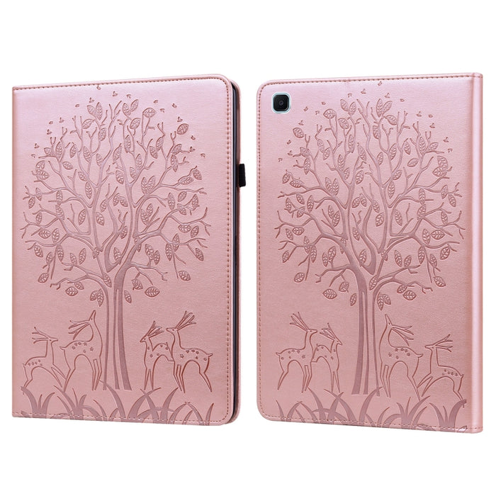 Estuche de cuero de PU con tapa horizontal con estampado estampado de árboles y ciervos con soporte y ranuras para tarjetas y función de suspensión / activación