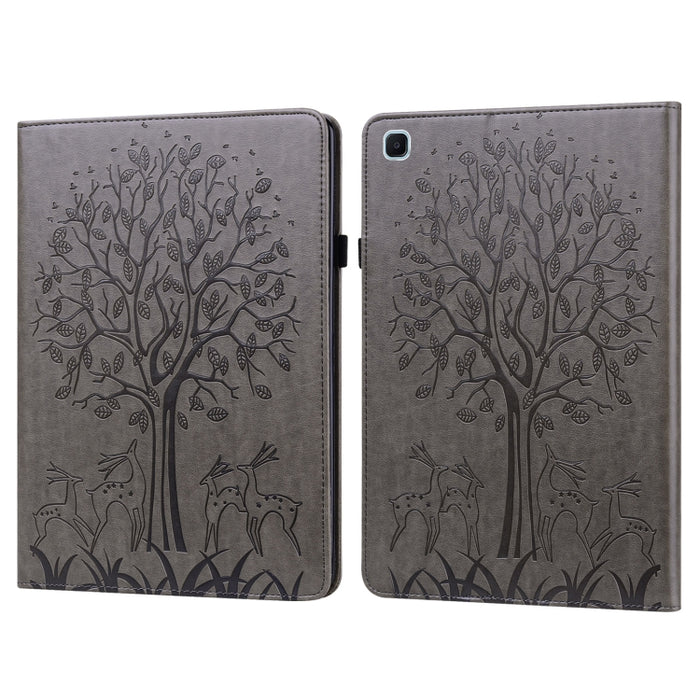 Estuche de cuero de PU con tapa horizontal con estampado estampado de árboles y ciervos con soporte y ranuras para tarjetas y función de suspensión / activación
