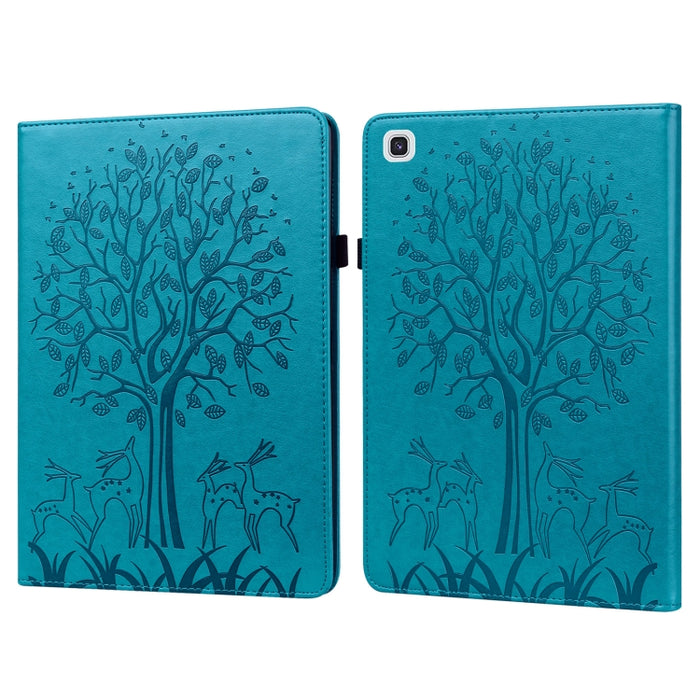 Estuche de cuero de PU con tapa horizontal con estampado estampado de árboles y ciervos con soporte y ranuras para tarjetas y función de suspensión / activación