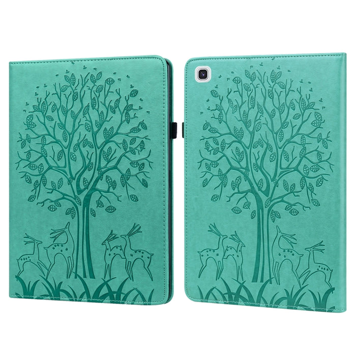Estuche de cuero de PU con tapa horizontal con estampado estampado de árboles y ciervos con soporte y ranuras para tarjetas y función de suspensión / activación