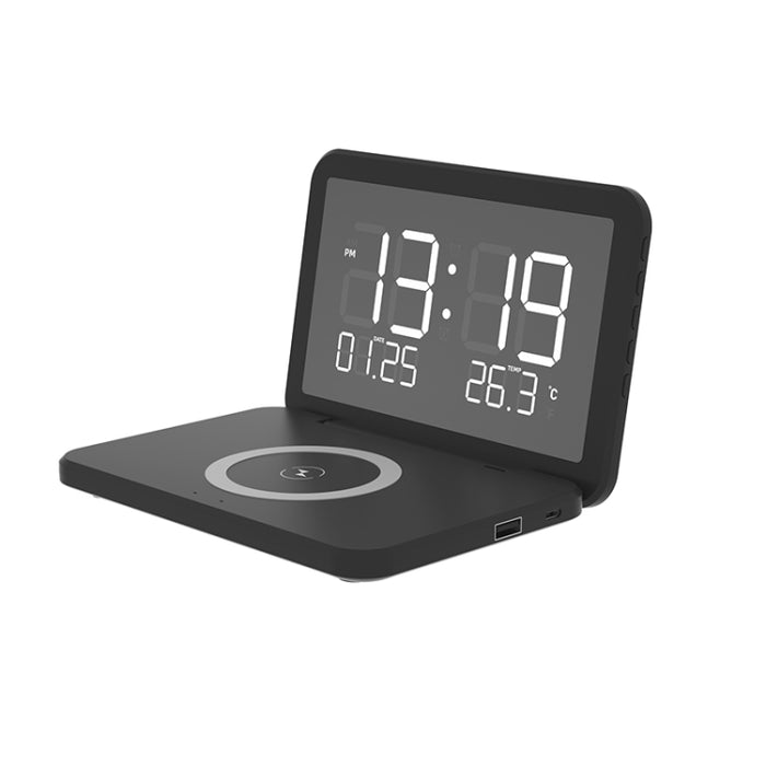 SY-118 15W Superficie de espejo plegable Calendario de escritorio perpetuo Reloj Cargador inalámbrico con reloj despertador Función ajustable de brillo de tres niveles