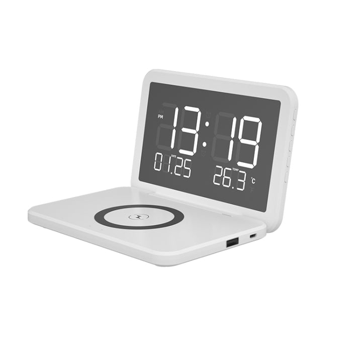 SY-118 15W Superficie de espejo plegable Calendario de escritorio perpetuo Reloj Cargador inalámbrico con reloj despertador Función ajustable de brillo de tres niveles