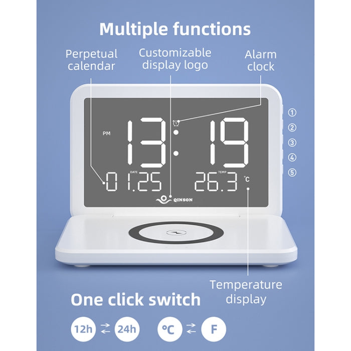 SY-118 15W Superficie de espejo plegable Calendario de escritorio perpetuo Reloj Cargador inalámbrico con reloj despertador Función ajustable de brillo de tres niveles