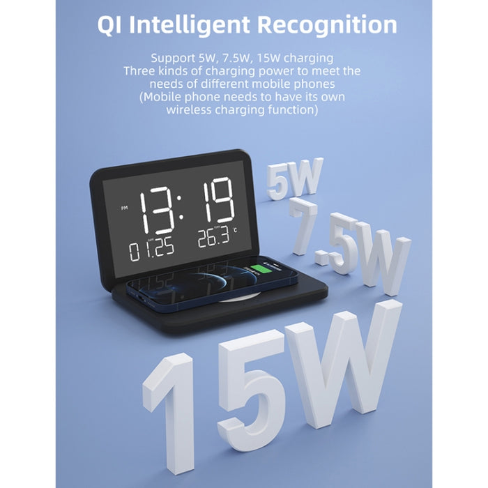 SY-118 15W Superficie de espejo plegable Calendario de escritorio perpetuo Reloj Cargador inalámbrico con reloj despertador Función ajustable de brillo de tres niveles