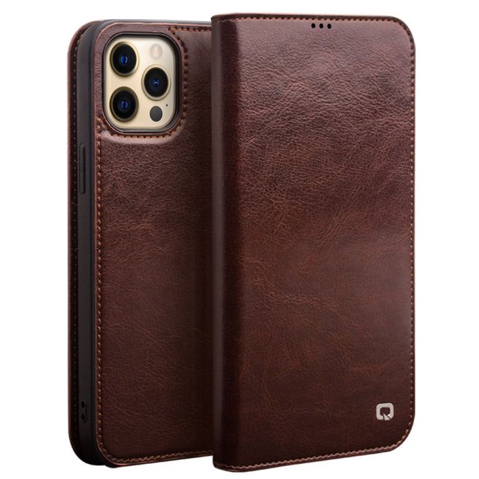 QIALINO Estuche de cuero con tapa horizontal con soporte y ranuras para tarjetas y billetera