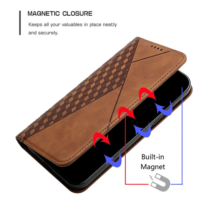Patrón de diamante Empalme Piel Sensación Magnética Funda de cuero con tapa horizontal con ranuras para tarjetas y soporte y billetera