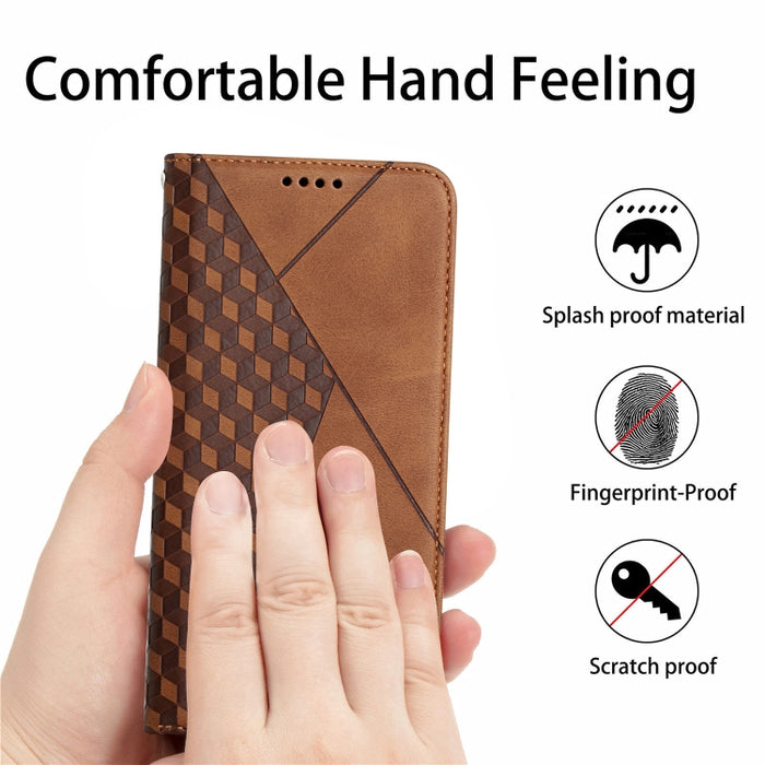 Patrón de diamante Empalme Piel Sensación Magnética Funda de cuero con tapa horizontal con ranuras para tarjetas y soporte y billetera