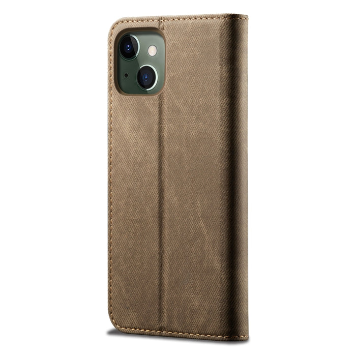 Estuche de cuero con tapa horizontal de estilo casual de textura de mezclilla con soporte y ranuras para tarjetas y billetera