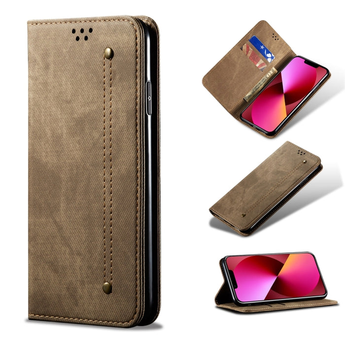 Estuche de cuero con tapa horizontal de estilo casual de textura de mezclilla con soporte y ranuras para tarjetas y billetera