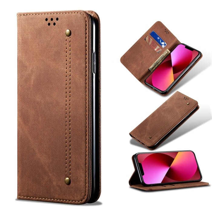Estuche de cuero con tapa horizontal de estilo casual de textura de mezclilla con soporte y ranuras para tarjetas y billetera