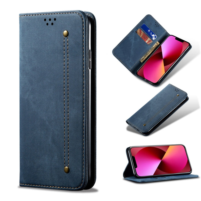 Estuche de cuero con tapa horizontal de estilo casual de textura de mezclilla con soporte y ranuras para tarjetas y billetera