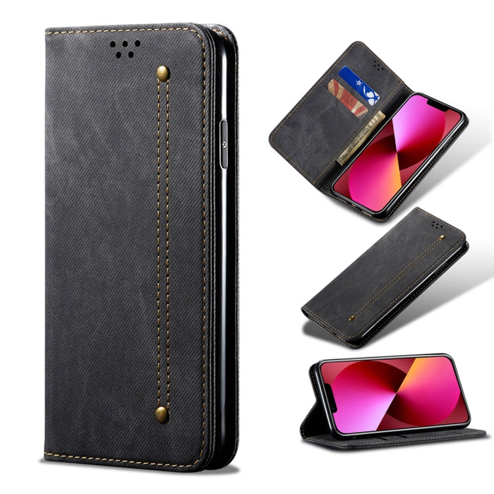 Estuche de cuero con tapa horizontal de estilo casual de textura de mezclilla con soporte y ranuras para tarjetas y billetera
