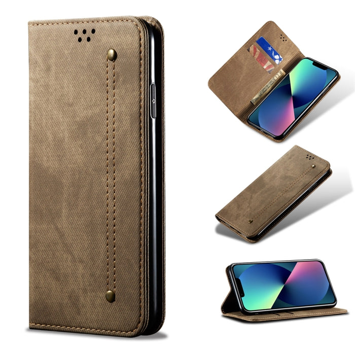 Estuche de cuero con tapa horizontal de estilo casual de textura de mezclilla con soporte y ranuras para tarjetas y billetera