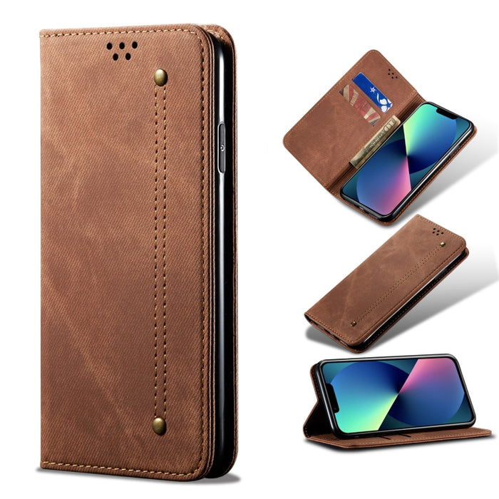 Estuche de cuero con tapa horizontal de estilo casual de textura de mezclilla con soporte y ranuras para tarjetas y billetera