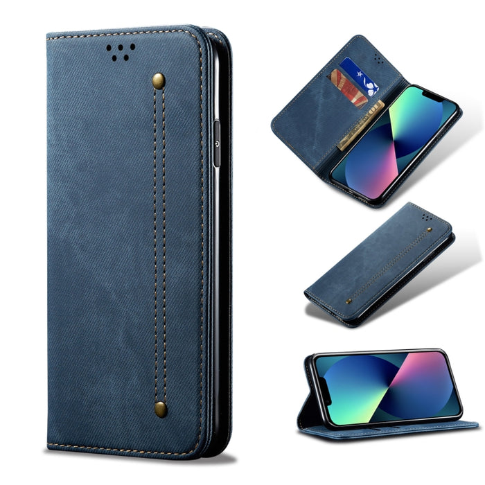 Estuche de cuero con tapa horizontal de estilo casual de textura de mezclilla con soporte y ranuras para tarjetas y billetera