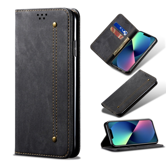 Estuche de cuero con tapa horizontal de estilo casual de textura de mezclilla con soporte y ranuras para tarjetas y billetera