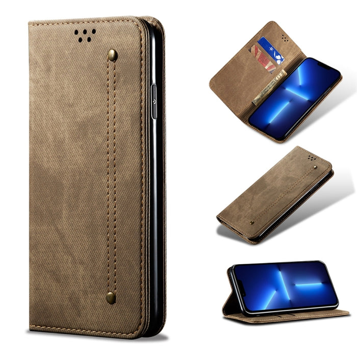 Estuche de cuero con tapa horizontal de estilo casual de textura de mezclilla con soporte y ranuras para tarjetas y billetera