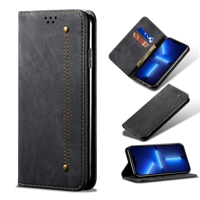 Estuche de cuero con tapa horizontal de estilo casual de textura de mezclilla con soporte y ranuras para tarjetas y billetera