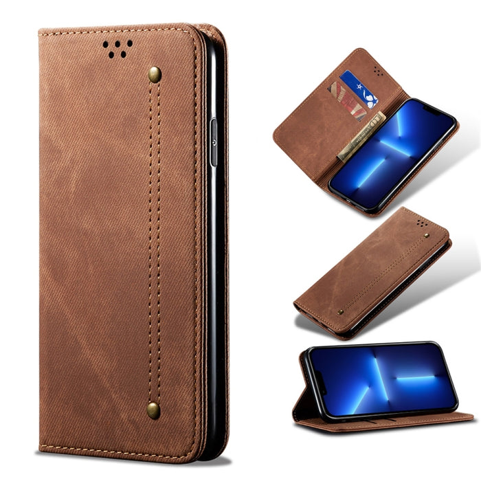 Estuche de cuero con tapa horizontal de estilo casual de textura de mezclilla con soporte y ranuras para tarjetas y billetera