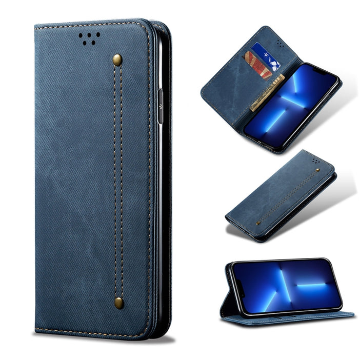 Estuche de cuero con tapa horizontal de estilo casual de textura de mezclilla con soporte y ranuras para tarjetas y billetera