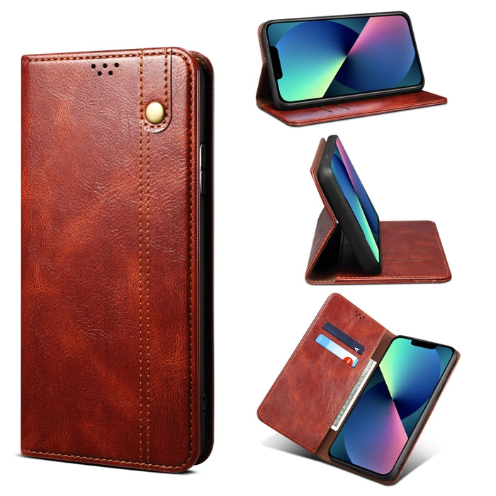 Estuche de cuero con tapa horizontal con textura de caballo loco de cera simple con ranuras para tarjetas y billetera